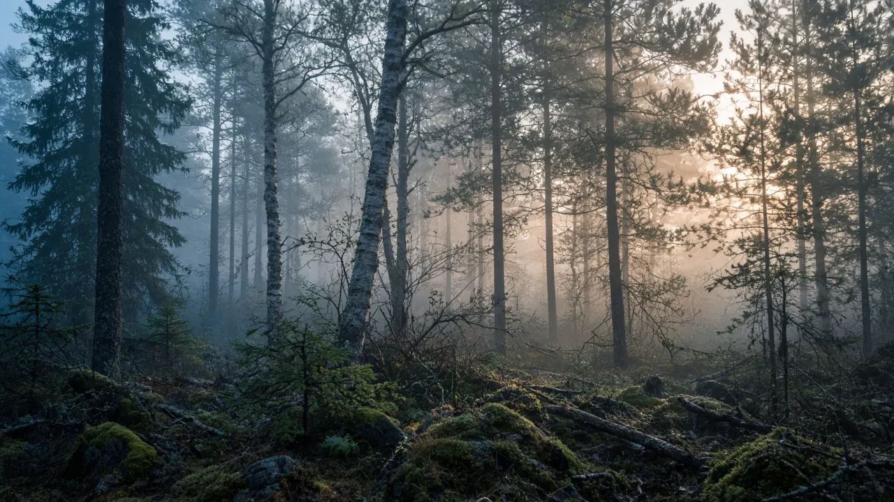 Misty New England woods at first light